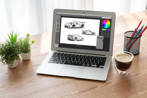 Electric car design software on computer screen show simulation blueprint snugly Stock-Fotos