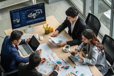 Electric car design software on computer screen show simulation blueprint snugly Stock Photos