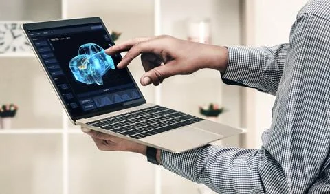 Electric car design software on computer screen show simulation blueprint snugly Stock Photos