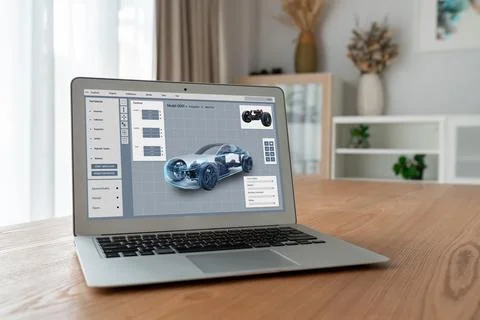 Electric car design software on computer screen show simulation blueprint snugly 스톡 사진
