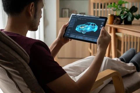 Electric car design software on computer screen show simulation blueprint snugly Stock-Fotos