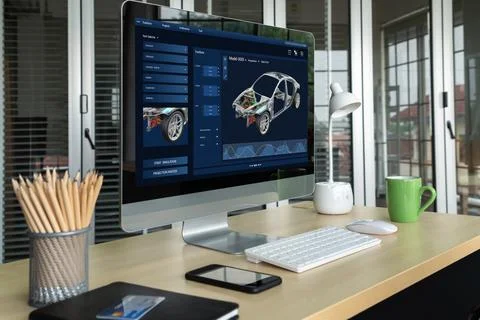 Electric car design software on computer screen show simulation blueprint snugly Stock Photos