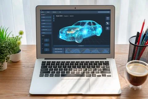 Electric car design software on computer screen show simulation blueprint snugly Stock-Fotos