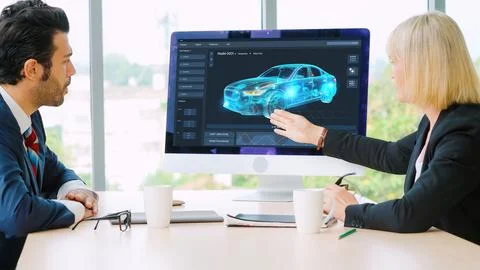 Electric car design software on computer screen show simulation blueprint snugly Stock Photos