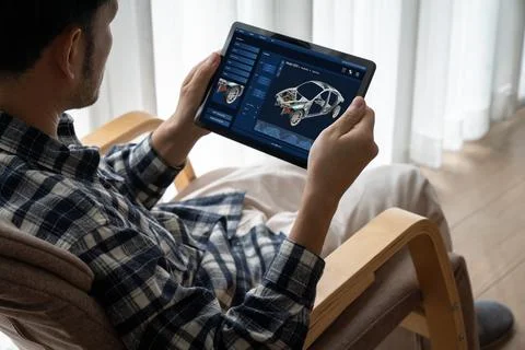 Electric car design software on computer screen show simulation blueprint snugly Foto stock