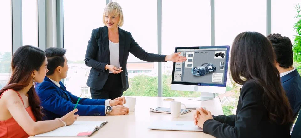 Electric car design software on computer screen show simulation blueprint snugly Stock Photos