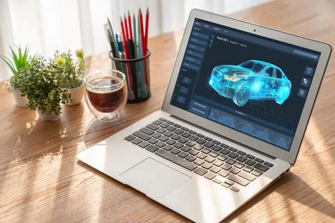 Electric car design software on computer screen show simulation blueprint snugly Foto stock