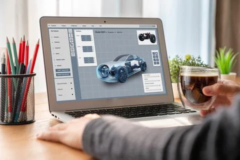 Electric car design software on computer screen show simulation blueprint snugly Stock Photos