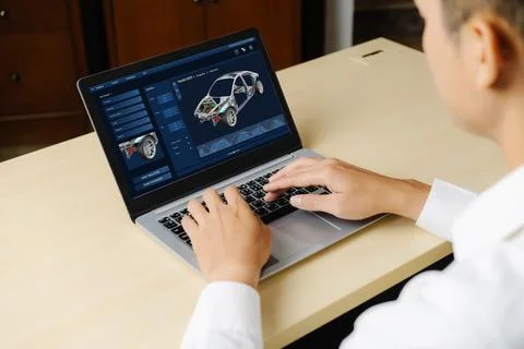Electric car design software on computer screen show simulation blueprint snugly Stock Photos