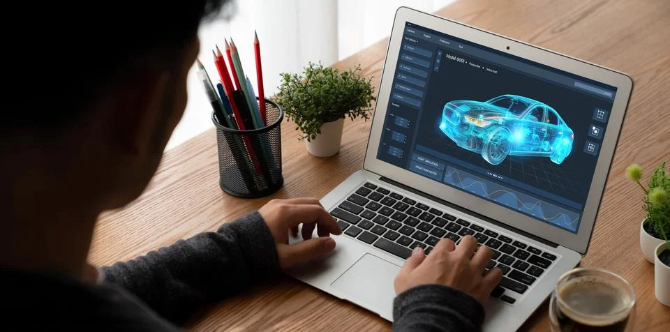 Electric car design software on computer screen show simulation blueprint snugly Foto stock