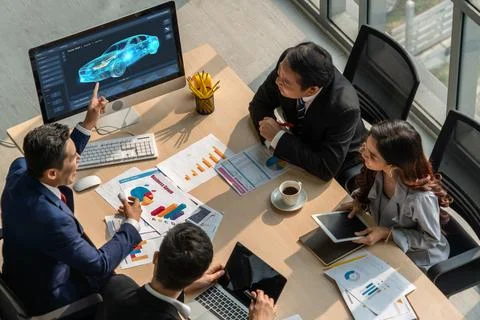 Electric car design software on computer screen show simulation blueprint snugly Fotos de archivo