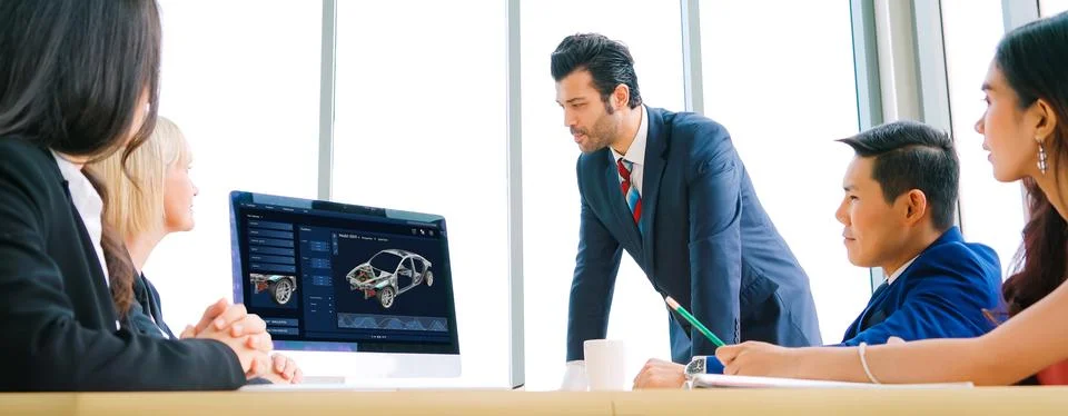Electric car design software on computer screen show simulation blueprint snugly Stock-Fotos
