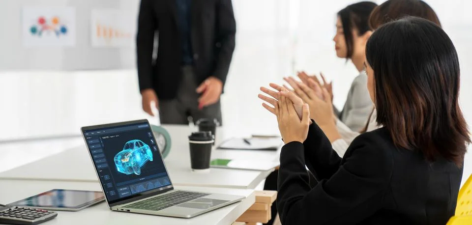 Electric car design software on computer screen show simulation blueprint snugly 스톡 사진