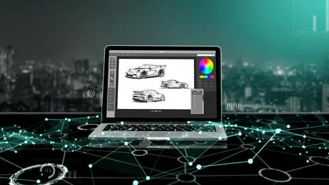Electric car design software on computer screen show simulation blueprint snugly Foto stock