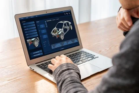 Electric car design software on computer screen show simulation blueprint snugly 스톡 사진
