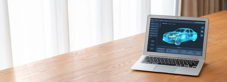 Electric car design software on computer screen show simulation blueprint snugly Foto stock