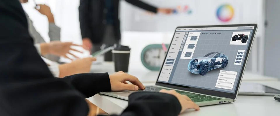 Electric car design software on computer screen show simulation blueprint snugly Foto stock