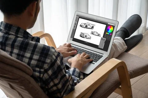 Electric car design software on computer screen show simulation blueprint snugly Stock Photos