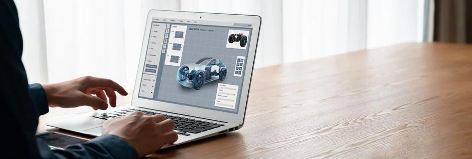 Electric car design software on computer screen show simulation blueprint snugly Stock Photos