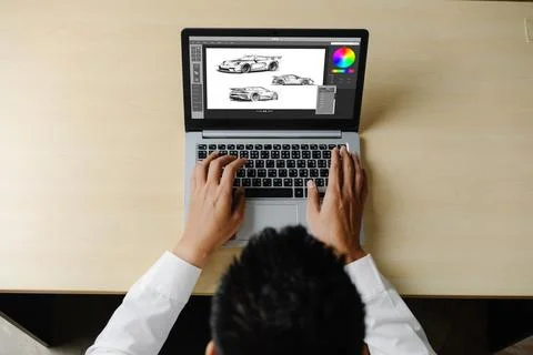 Electric car design software on computer screen show simulation blueprint snugly Stock Photos