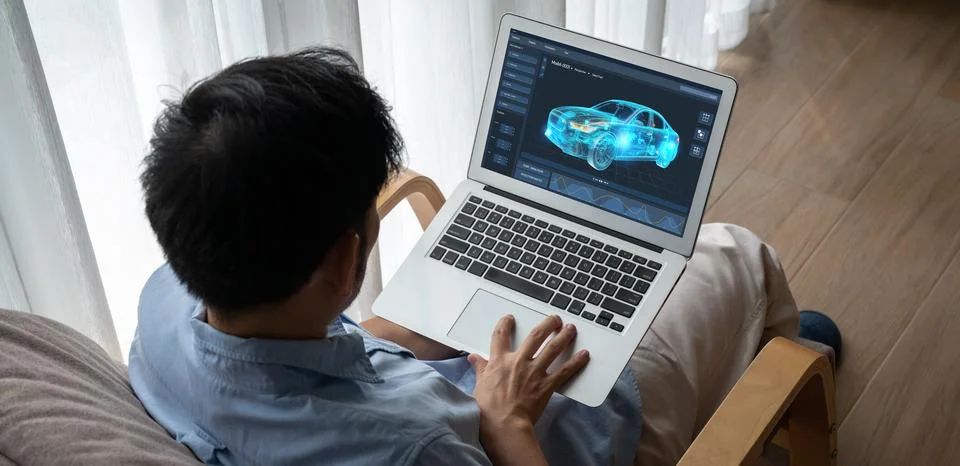 Electric car design software on computer screen show simulation blueprint snugly 스톡 사진