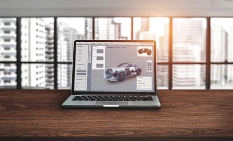 Electric car design software on computer screen show simulation blueprint snugly Fotos de archivo
