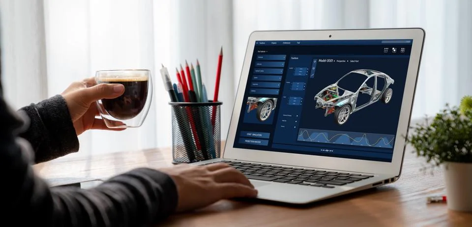 Electric car design software on computer screen show simulation blueprint snugly Stock Photos