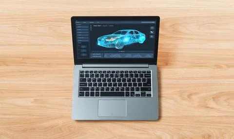 Electric car design software on computer screen show simulation blueprint snugly Stock Photos