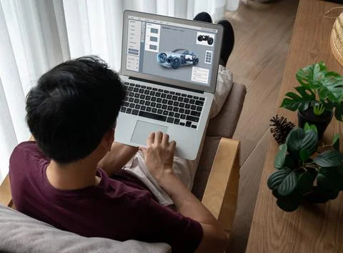 Electric car design software on computer screen show simulation blueprint snugly Stock-Fotos