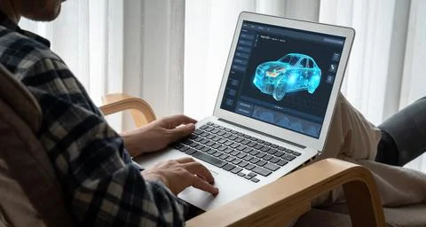 Electric car design software on computer screen show simulation blueprint snugly Fotos de archivo