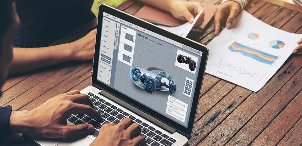 Electric car design software on computer screen show simulation blueprint snugly Stock Photos