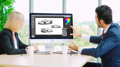 Electric car design software on computer screen show simulation blueprint snugly Stock Photos