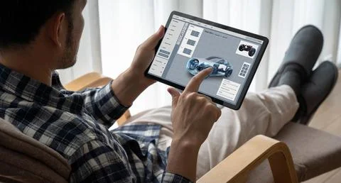 Electric car design software on computer screen show simulation blueprint snugly Stock Photos