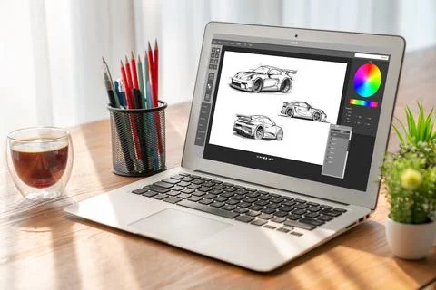 Electric car design software on computer screen show simulation blueprint snugly Stock-Fotos