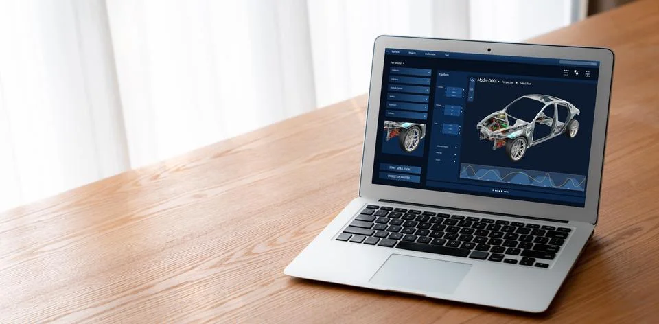 Electric car design software on computer screen show simulation blueprint snugly Stock Photos