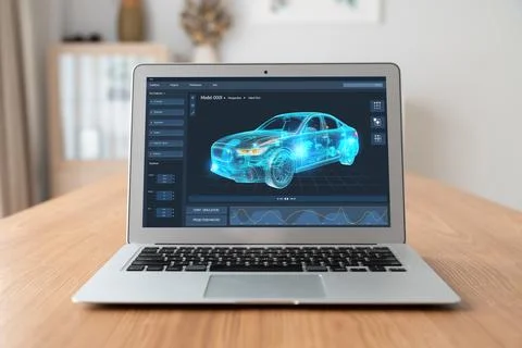 Electric car design software on computer screen show simulation blueprint snugly Stock Photos