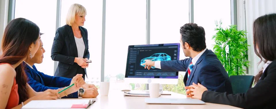 Electric car design software on computer screen show simulation blueprint snugly Stock Photos