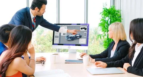 Electric car design software on computer screen show simulation blueprint snugly Stock Photos
