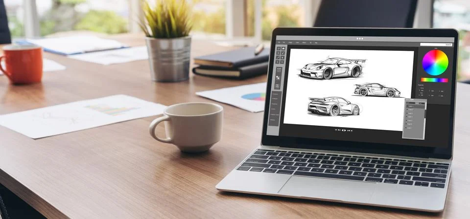 Electric car design software on computer screen show simulation blueprint snugly Foto stock