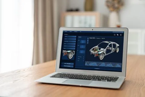 Electric car design software on computer screen show simulation blueprint snugly Stock Photos