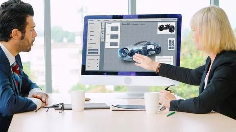 Electric car design software on computer screen show simulation blueprint snugly Stock-Fotos