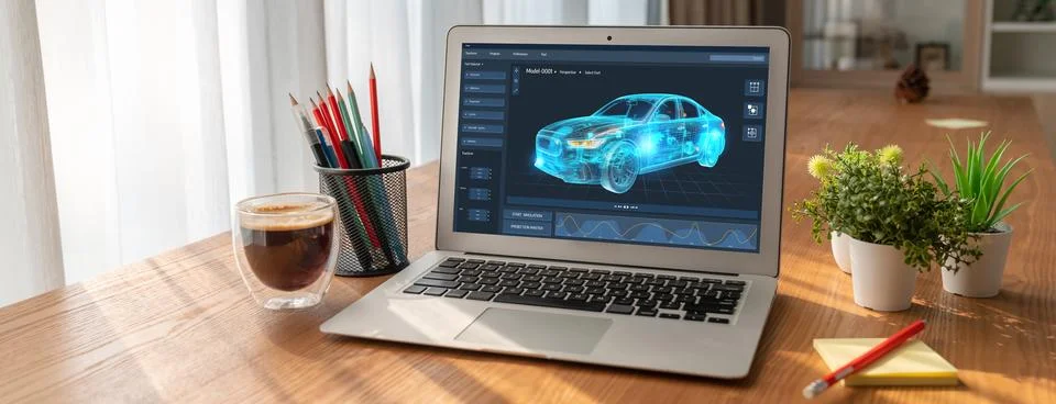 Electric car design software on computer screen show simulation blueprint snugly Stock Photos