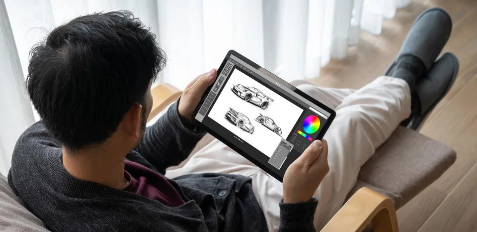 Electric car design software on computer screen show simulation blueprint snugly 스톡 사진