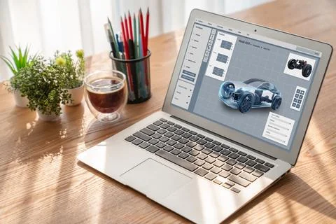 Electric car design software on computer screen show simulation blueprint snugly 스톡 사진