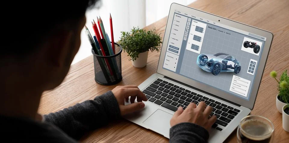 Electric car design software on computer screen show simulation blueprint snugly Fotos de archivo