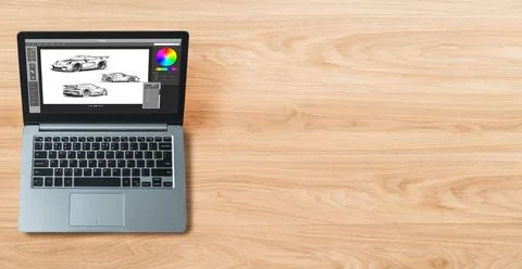 Electric car design software on computer screen show simulation blueprint snugly Stock Photos