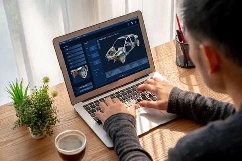 Electric car design software on computer screen show simulation blueprint snugly Foto stock