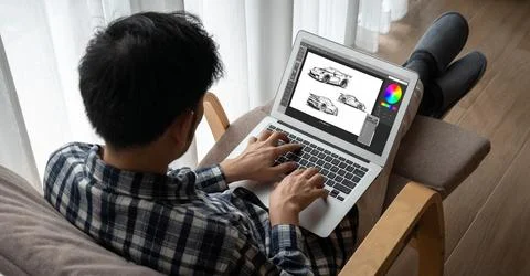 Electric car design software on computer screen show simulation blueprint snugly Stock Photos