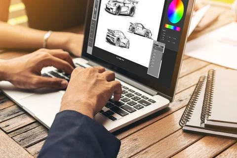 Electric car design software on computer screen show simulation blueprint snugly Stock Photos
