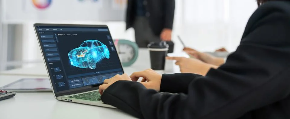 Electric car design software on computer screen show simulation blueprint snugly Stock Photos